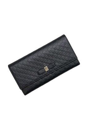 Gucci Bifold Wallet Black Microshima Leather Ribbon GG Cover